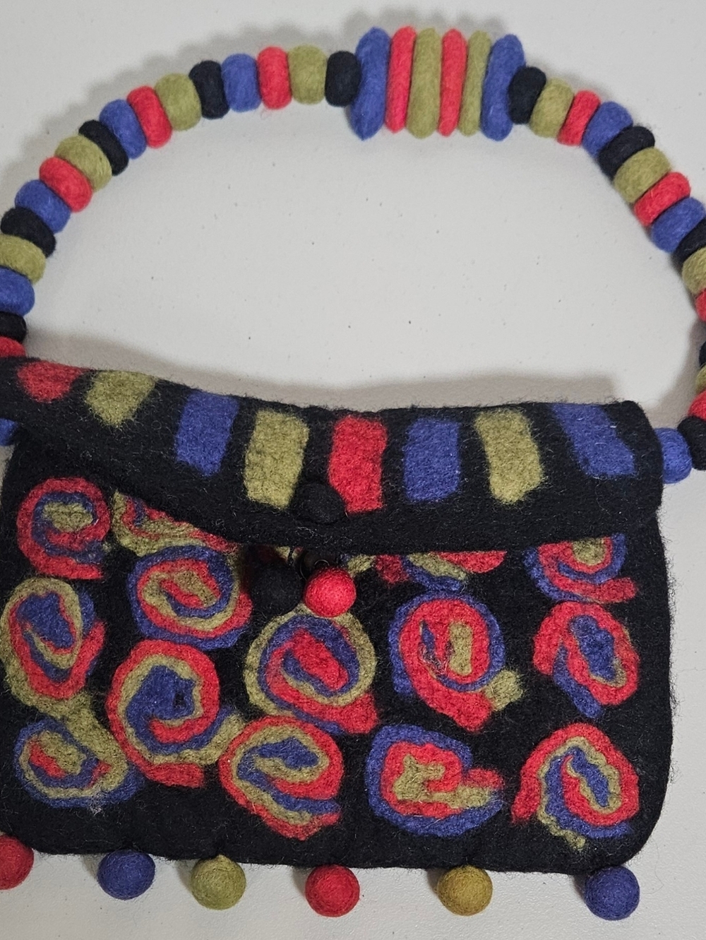 Rising Tide Felted Wool Pom-pom Bag Multi Boho Artisanal Nepal